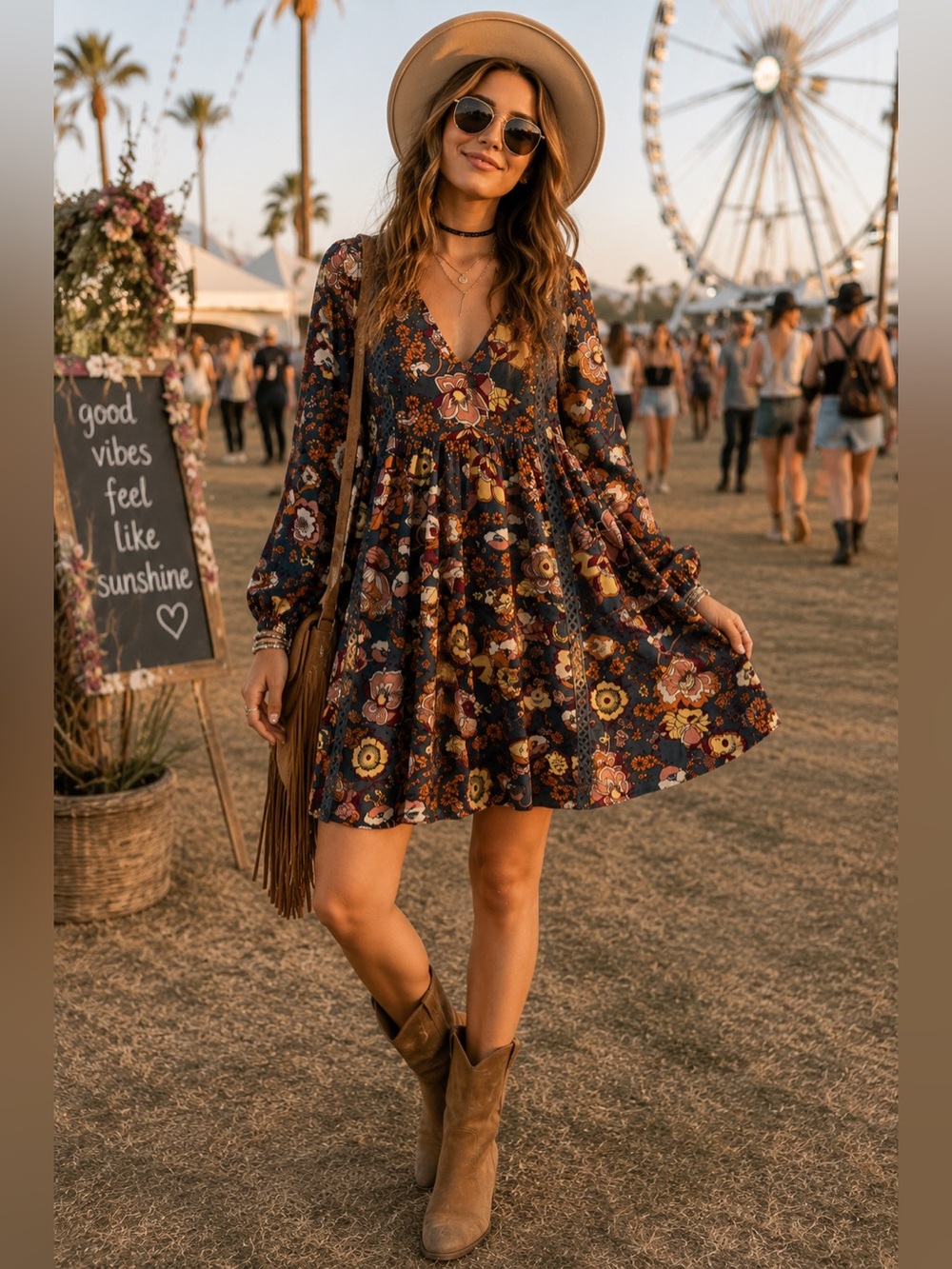 Rusttydustty Floral Boho Babydoll Tunic Dress L Western Cottagecore Indie Earthy